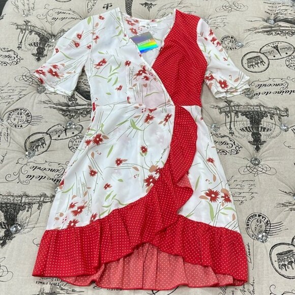 MISSGUIDED Floral Polka Dot Wrap A-Line Dress - Picture 4 of 16